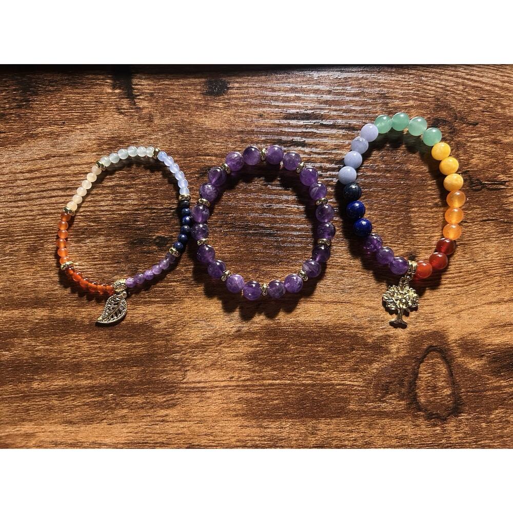 Set Of 3 Semi Precious Multicolor Gemstone Bracelets